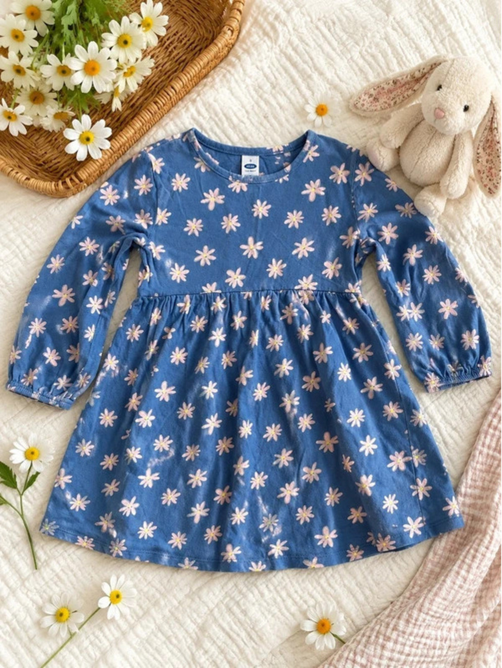 Old Navy Toddler Girls Blue Daisy Print Dress Size 4T Long Sleeve